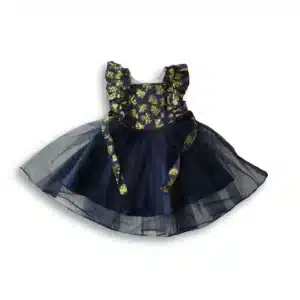 Girls Floral Print Linen Party Frock Navy
