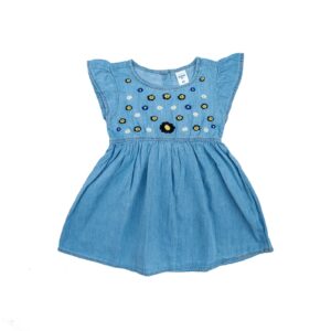 Girl's Summer denim Frock with Embroidery Sky Blue