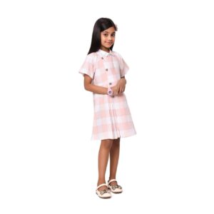 Stair Collar Pleated Kurti For Girls Pink Check
