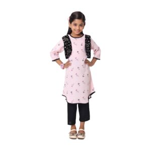 Girls Koti Set with Salwar Pink Linen Print