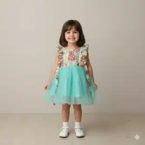 Girls Floral Print Linen Party Frock Pest