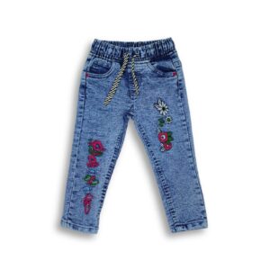 Girl's Flower Embroidery Drawstring Denim Full Pants Navy Blue