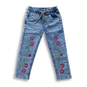 Girl's Flower Embroidery Drawstring Stretch Denim Full Pants Sky Blue