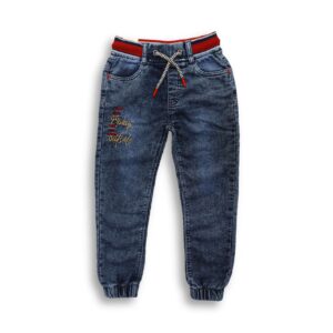 Drawstring Knit Denim Embroidery Jogger Pant for Boys