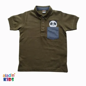 Boys Stylish Panda Printed Polo Shirt Olive