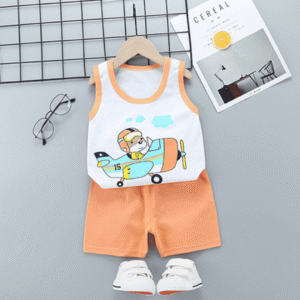 Funny Bear on Airplane Printed Megi T-shirt & Pant Set White & Orange