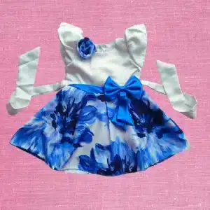 Girls Premium 3D Printed Party Dress White & Blue