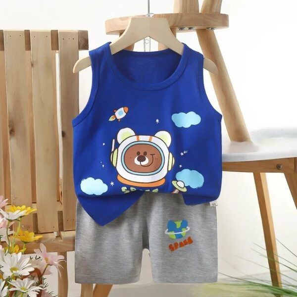 SPACE ASTRONAUT BEAR Printed Megi T-shirt & Pant Set Blue & Ash