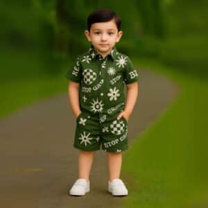 Boys All Over Print Shirt & Pant Set Olive