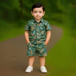 Boys All Over LEAF Print Shirt & Pant Set Olive