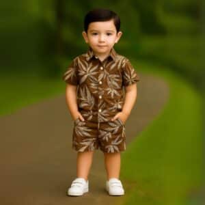 Boys All Over LEAF Print Shirt & Pant Set Brown Flower Aladinkids