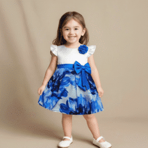 Girls Premium 3D Printed Party Dress White & Blue