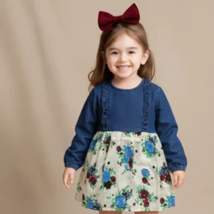 Girls Printed Denim Frock White