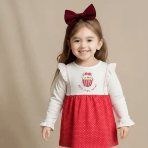 Mini Chat Nanas Girls Full Sleeve Frock White & Pink