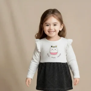 Mini Chat Nanas Girls Full Sleeve Frock White & Black