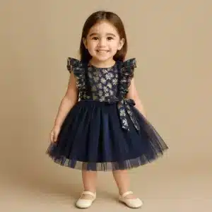 Girls Floral Print Linen Party Frock Navy