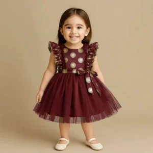 Girls Floral Print Linen Party Frock Maroon