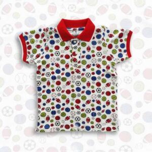 Boys Stylish Ball Printed Polo Shirt White & Red Rib