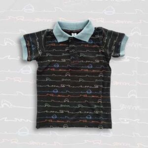 Boys Stylish Shark Printed Polo Shirt Black & Pest Rib