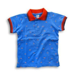 Boys Stylish Shark Printed Polo Shirt Blue & Orange Rib