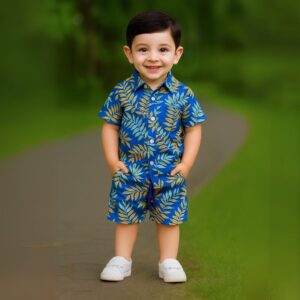 Boys All Over LEAF Print Shirt & Pant Set Blue