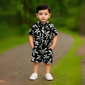Boys All Over TREE & SUN Print Shirt & Pant Set Black & White