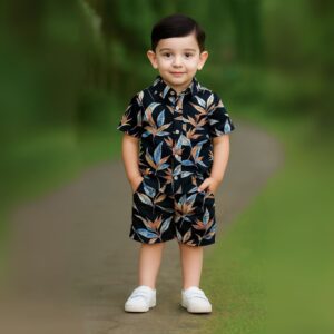 Boys All Over LEAF Print Shirt & Pant Set Black