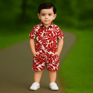 Boys All Over LEAF Print Shirt & Pant Set Maroon & White