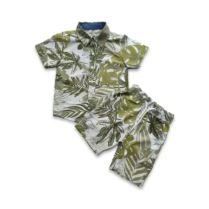 Boys All Over LEAF Print Shirt & Pant Set Olive& White