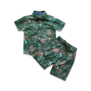 Boys All Over MONSTERA LEAVES Print Shirt & Pant Set Olive & Multicolor