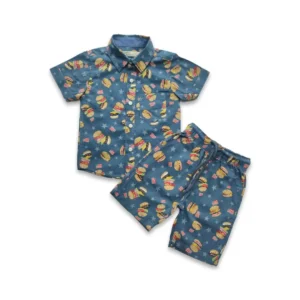 Boys All Over AMERICAN BURGER Print Shirt & Pant Set Light Blue
