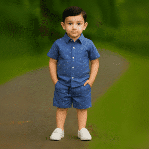 Boys All Over 9 DOTS Printed Shirt & Pant Set Blue