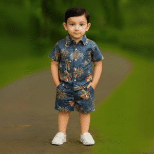 Boys All Over MONSTERA LEAVES Print Shirt & Pant Set Blue & Multicolor