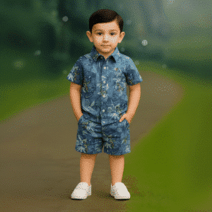 Boys All Over PARROT & VARIOUS LEAVES Printed Shirt & Pant Set Faded Blue