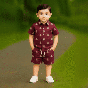 Boys All Over CHRISTMAS TREE Print Shirt & Pant Set Deep Maroon