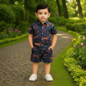 Boys All JUNGLE Printed Shirt & Pant Set Dark Navy Blue