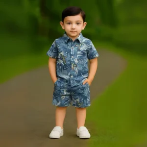 Boys All Over PARROT & VARIOUS LEAVES Printed Shirt & Pant Set Faded Blue
