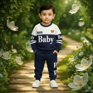BABY PANDA Winter Sweatshirt & Trouser Set White & Navy Blue