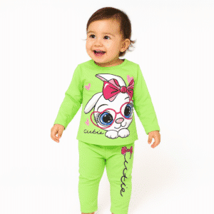 Girl's Cutie Bunny Full Sleeve T-Shirt & Full Pants Set Lime Green