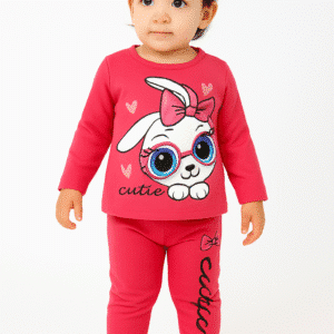 Girl's Cutie Bunny Full Sleeve T-Shirt & Full Pants Set Pink
