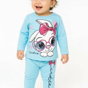 Girl's Cutie Bunny Full Sleeve T-Shirt & Full Pants Set Sky Blue