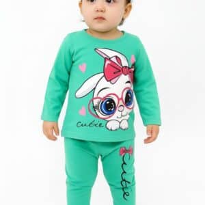 Girl's Cutie Bunny Full Sleeve T-Shirt & Full Pants Set Mint Green