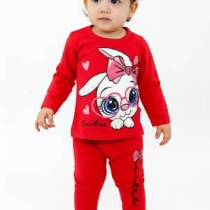 Girl's Cutie Bunny Full Sleeve T-Shirt & Full Pants Set Red