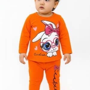Girl's Cutie Bunny Full Sleeve T-Shirt & Full Pants Set Orange