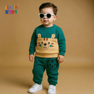 Boys Cute Bear Winter Sweatshirt & Trouser Set – Emerald Green